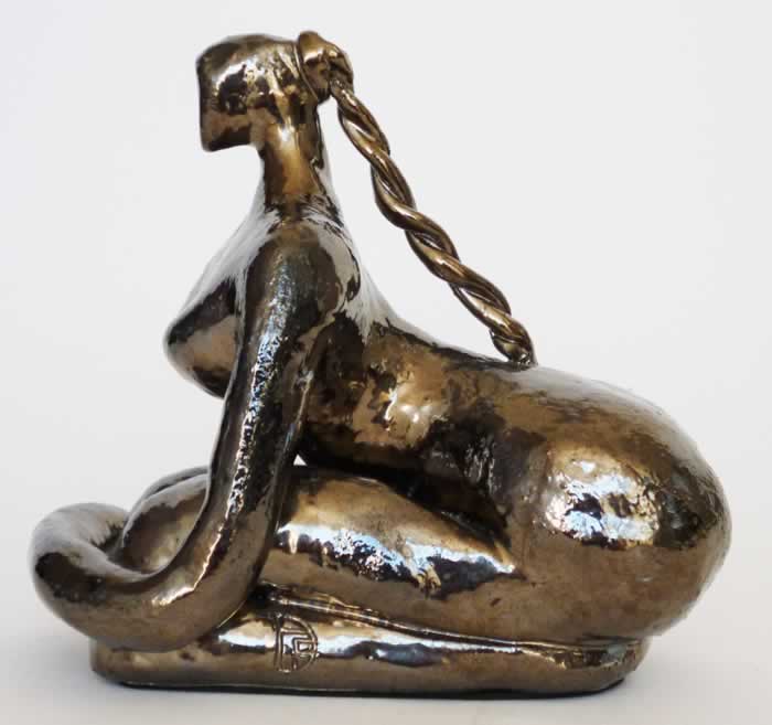 Woman with Golden Plait (for sale) Fired and glazed gold ceramic - H 18 x W 12 x D 18cm
